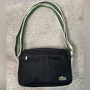 LACOSTE Black Canvas Crossbody Bag | Green Strap Logo Shoulder Bag Vintage Y2K